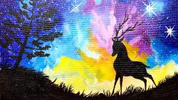 Acrylic Starry Night Sky  and STAG with Aurora Borealis Painting on Canvas for Beginners