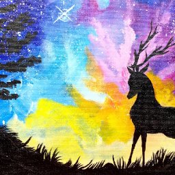 Acrylic Starry Night Sky  and STAG with Aurora Borealis Painting on Canvas for Beginners