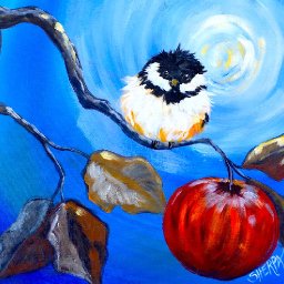 Happy Chickadee and apple branch Beginner Step by Step Acrylic tutorial fall