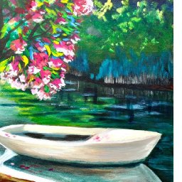 How to paint with Acrylic Lakeside Boat and Pink Flowering Tree