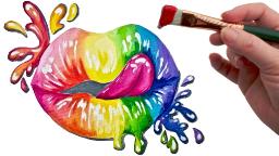 Beginners Splatter Rainbow Realistic  Lips  Acrylic Painting on Canvas