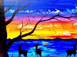 Beginners acrylic painting tutorial | Deer and Sunset Lake | Silhouette