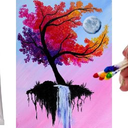 EASY Autumn Tree with waterfall moon   Q Tip Acrylic Painting tutorial 🎨💜