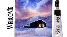 Easy Painting in acrylic Aurora Borealis winter Cabin in snow