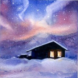 Easy Painting in acrylic Aurora Borealis winter Cabin in snow