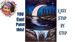 Moon and Waterfall at night Easy Painting in acrylic Live Streaming