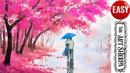 Lovers Walk Cherry Trees Easy Acrylic painting tutorial step by step Live Streaming