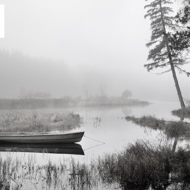 Misty Lake Boat Black and White Reference