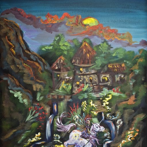Fairy landscape with Unicorn and waterfall 