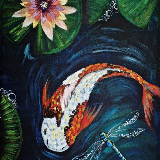 Koi Fish, Dragon fly and Waterlilies 