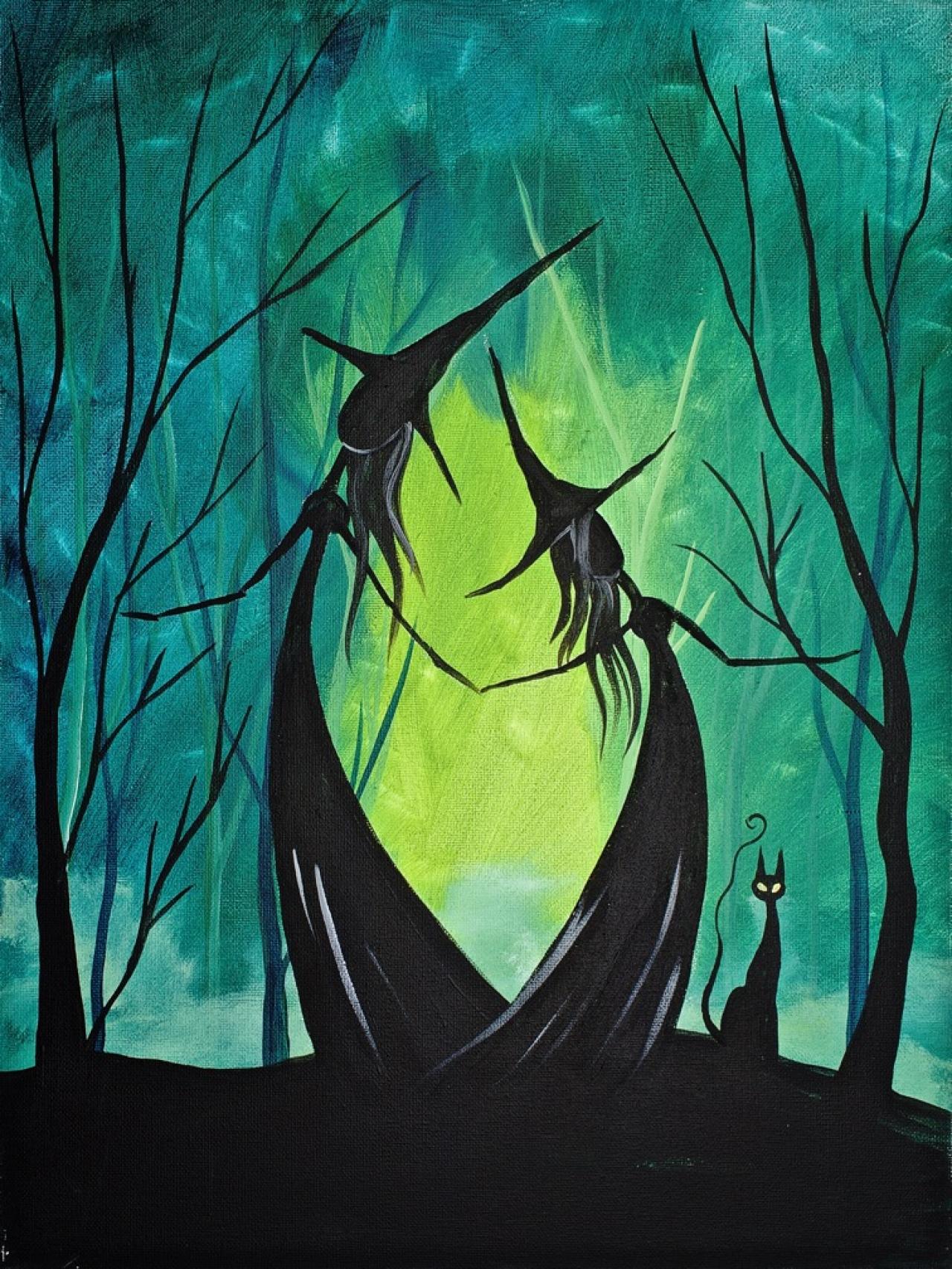 Adorable Witch Sisters In The Woods Easy Halloween Painting