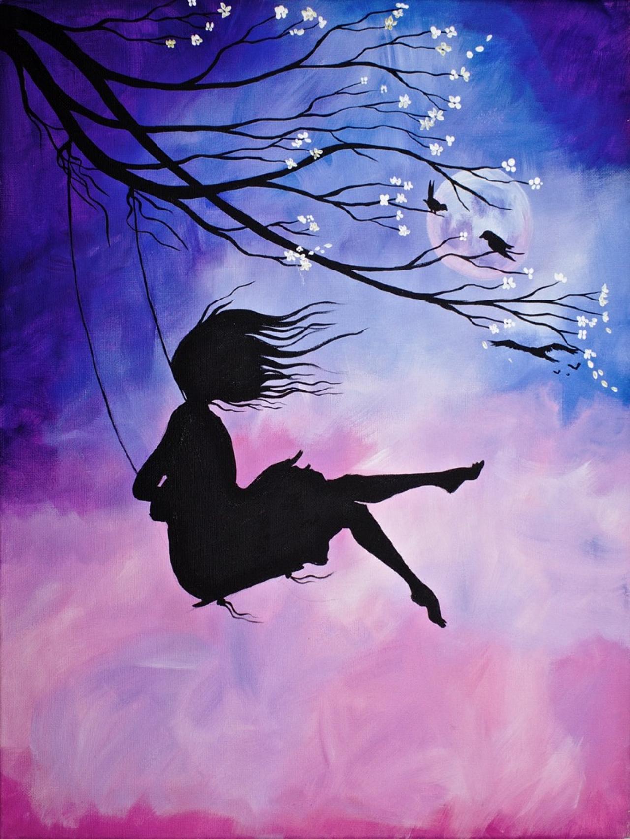 Acrylic Paint Paintings Cherry Blossom Swing And Girl Acrylic Painting ...