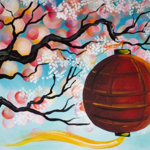 Cherry Blossom Branch with red lantern Acrylic Painting The Art Sherpa  Q-tip 