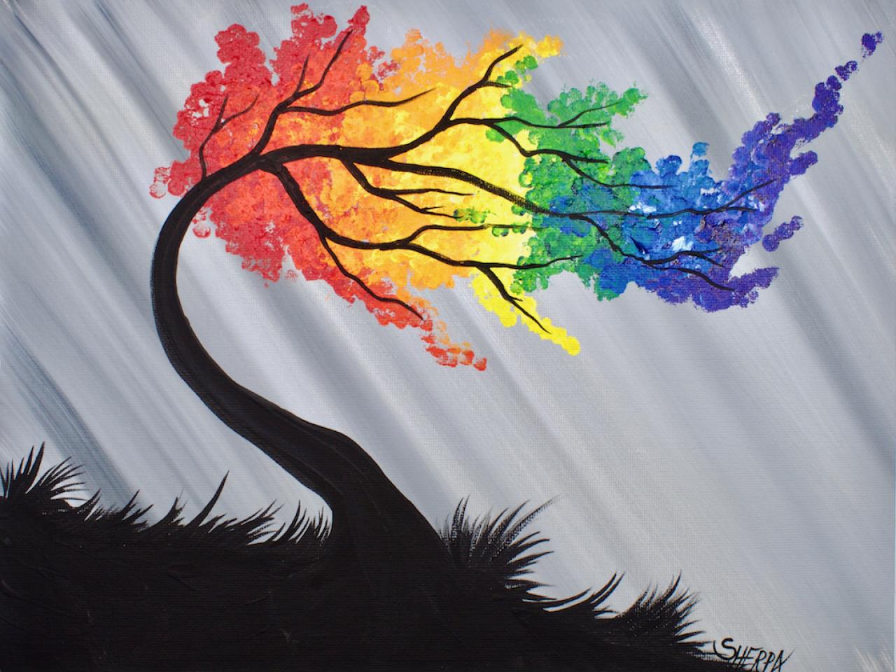 Rainbow Willow Tree Q Tip Acrylic Painting For Beginners Tutorial