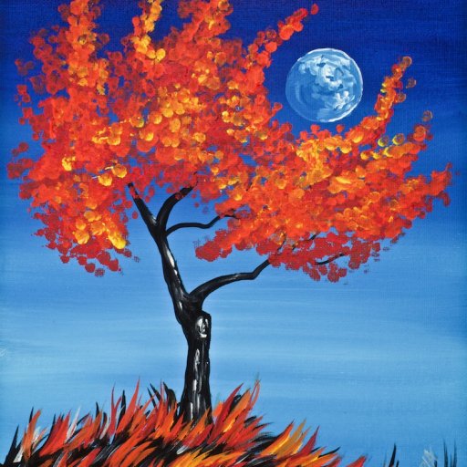 Q-tip  Fall Tree hugging a Moon Acrylic Painting 