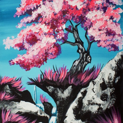 Q-tip Cotton Swab Cherry Tree with waterfall easy  Acrylic painting Art Sherpa 