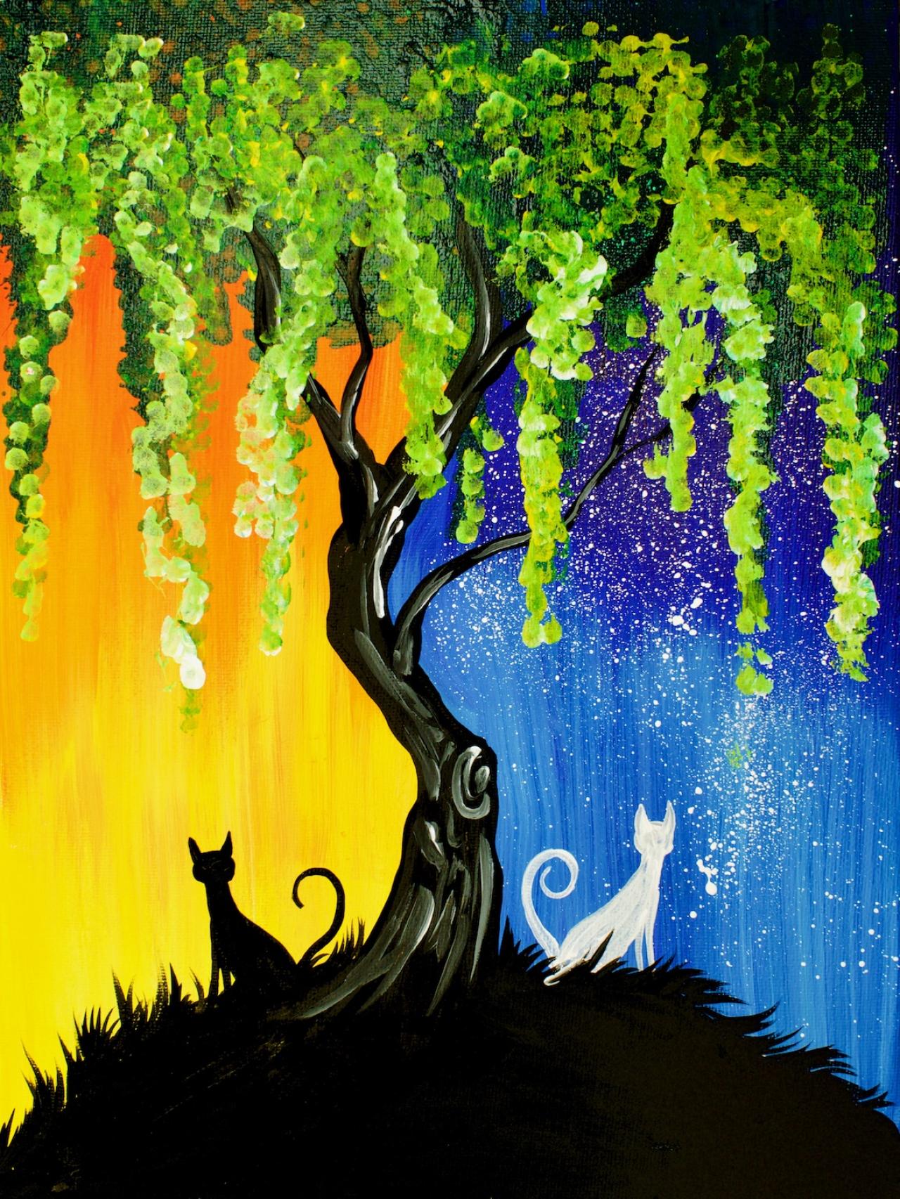 Day And Night Cats Willow Tree Q Tip Acrylic Painting The Art Sherpa