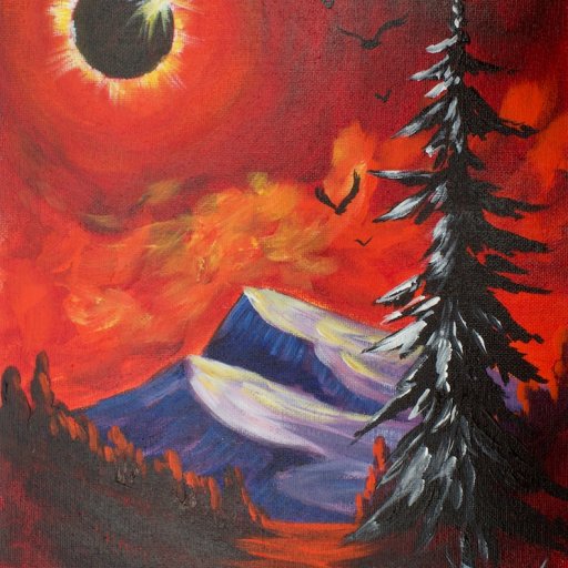 Mountain and Pine Tree Eclipse in Red - Space Week The Art Sherpa