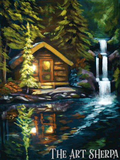 Cabin with Waterfall Gif 