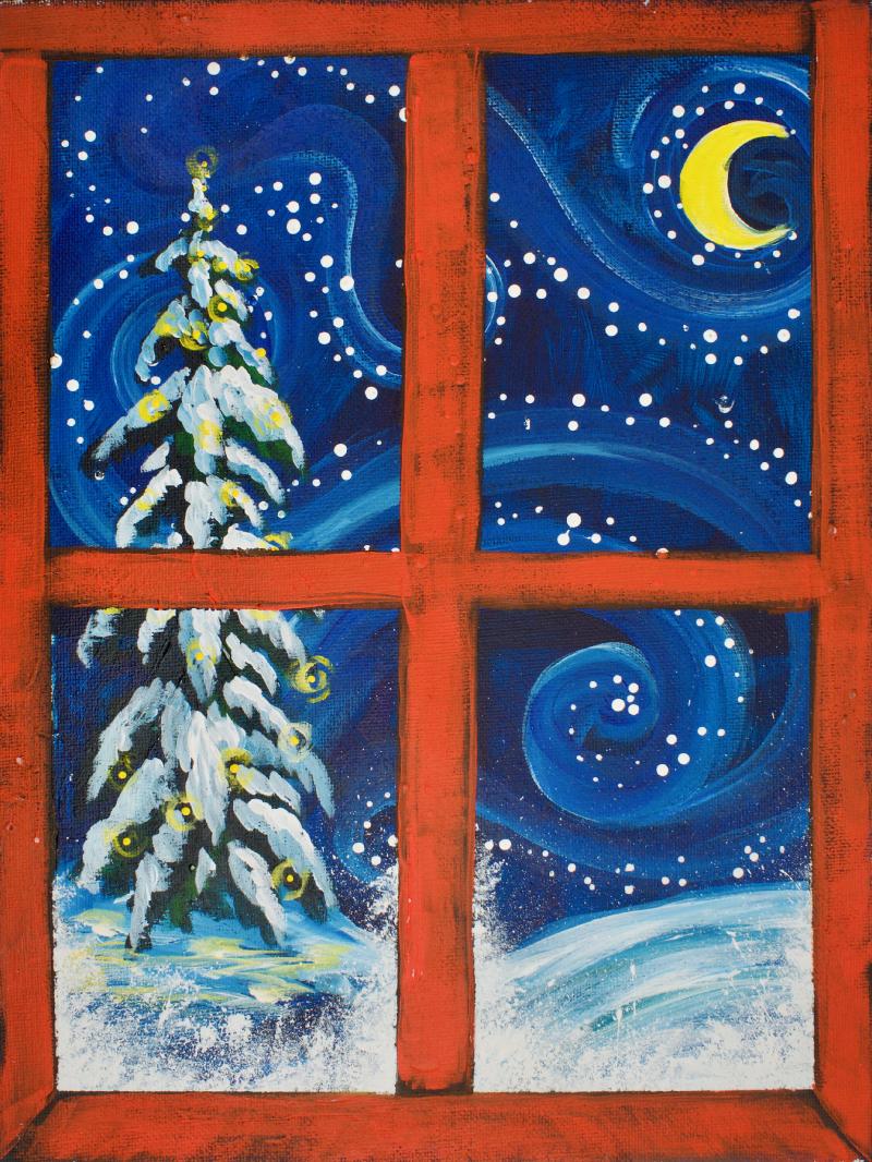 Easy Winter Acrylic Painting Christmas Tree Window