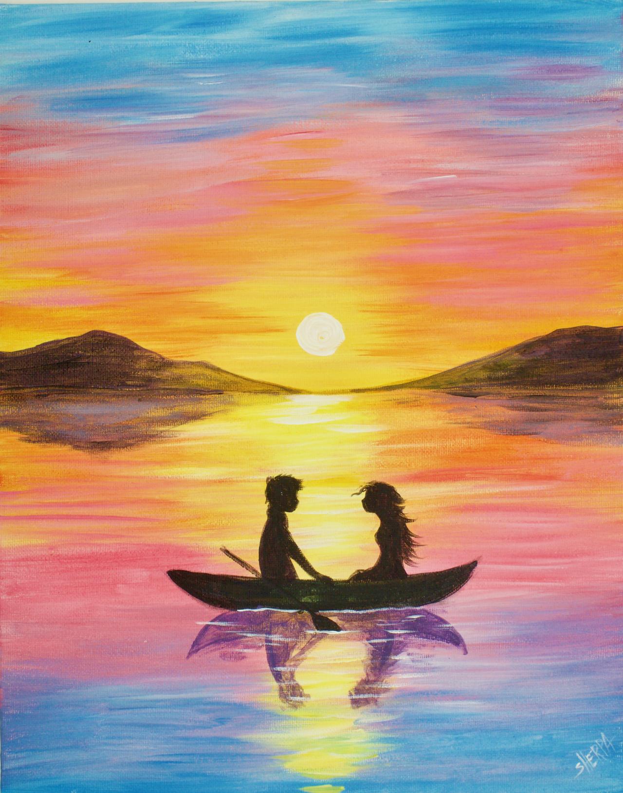 Lovers Boat Painting With Sunset The Art Sherpa Gallery The