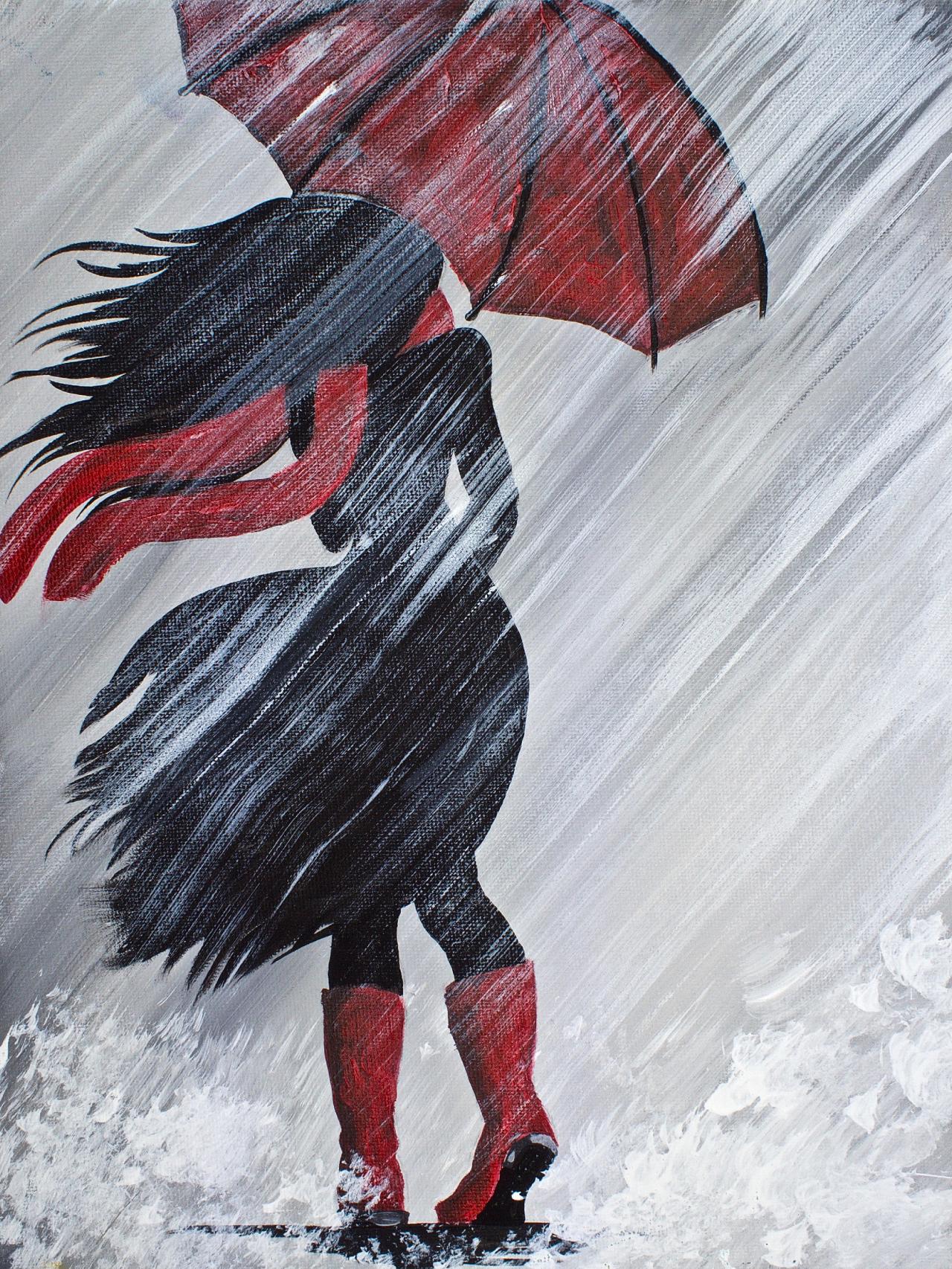 A Girl Walking In The Rain With Red Umbrella Acrylic Painting By