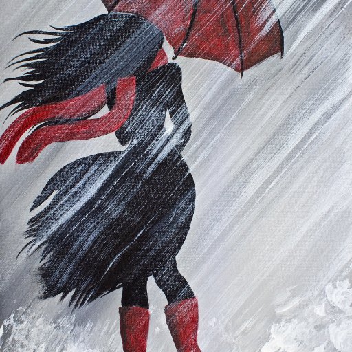 A Girl Walking in the Rain with red umbrella  Acrylic Painting By The Art Sherpa 