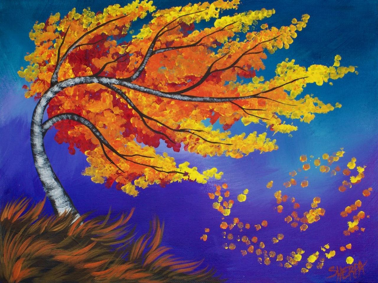 Fall Blowing Birch Tree Painting Acrylic With Q-Tips Art Sherpa