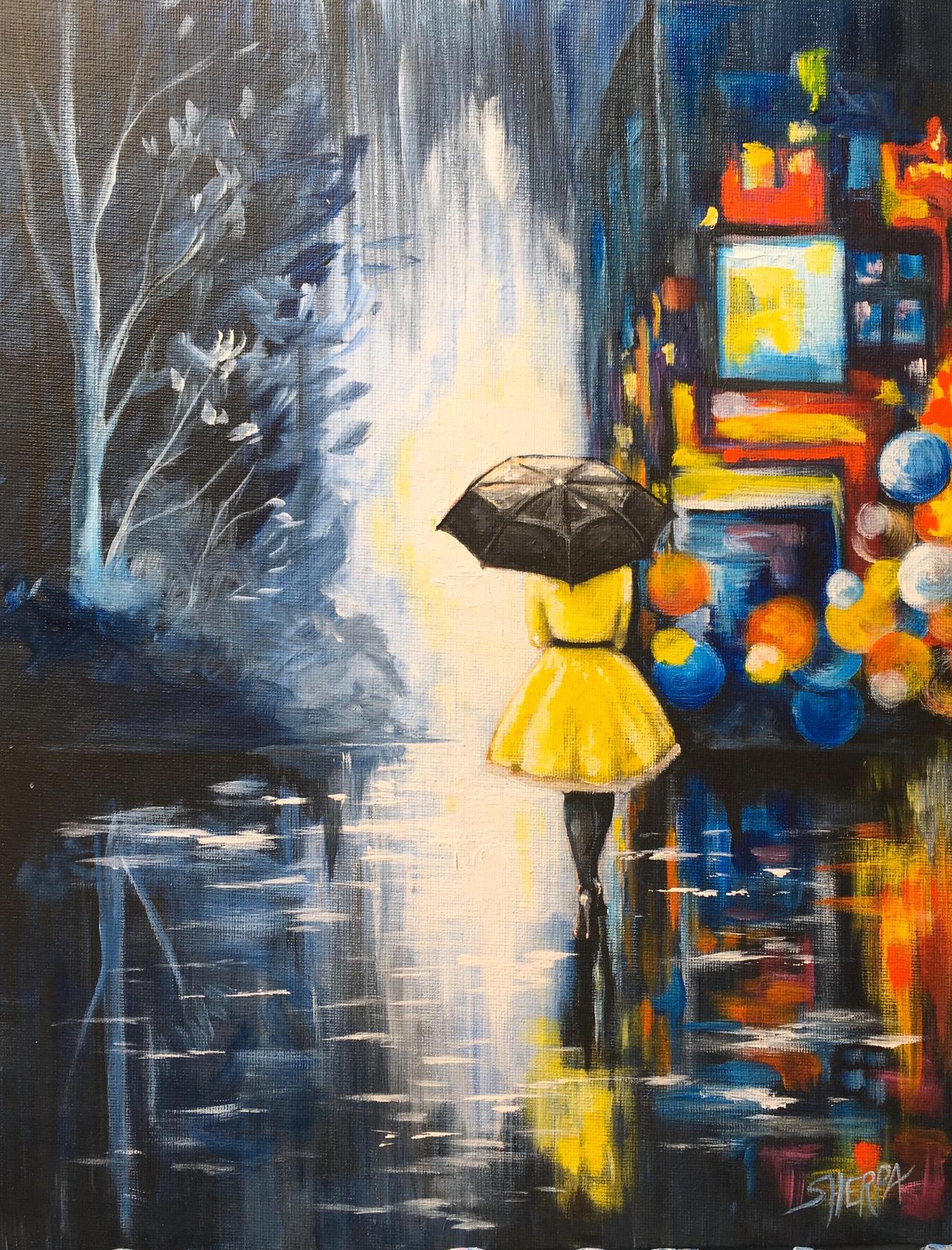 woman in the rain painting