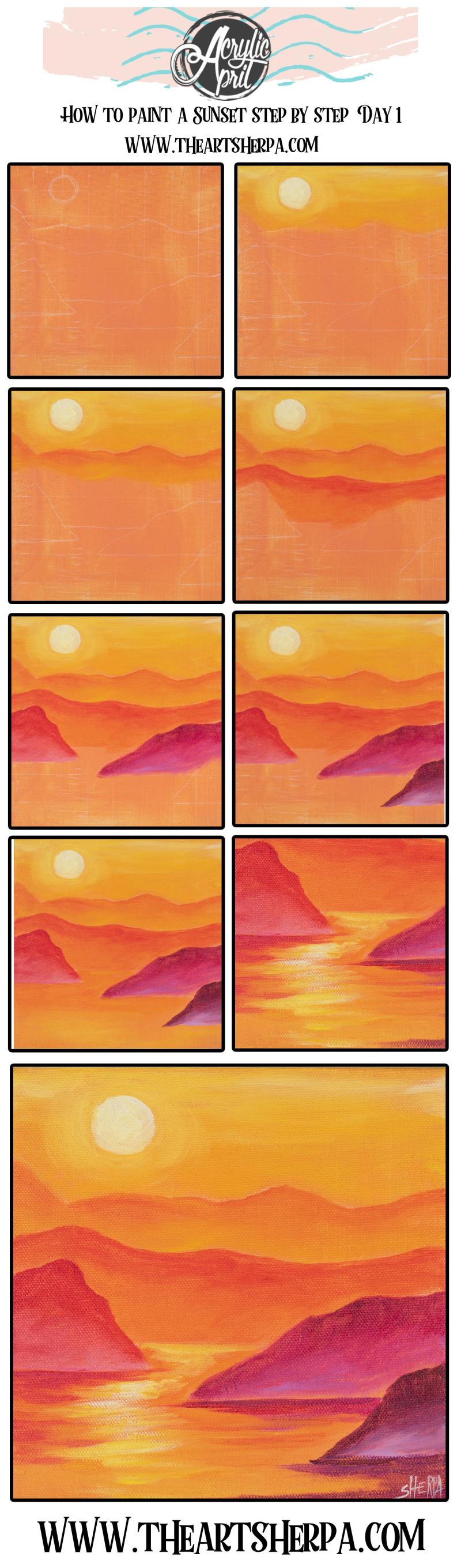 Easy Sunset Daily Painting Step By Step Acrylic Tutorials Day 1