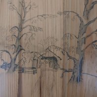 pencil on wood covered bridge