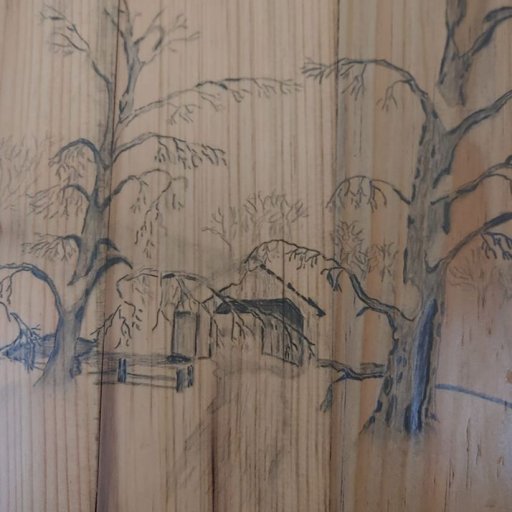 pencil on wood covered bridge