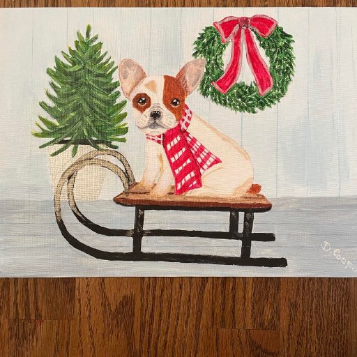 9 x 12 Frenchie on a sled painting