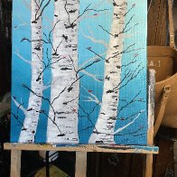 Birches with Red Birds