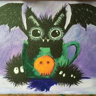 Catbat with Soot Sprites acrylic painting