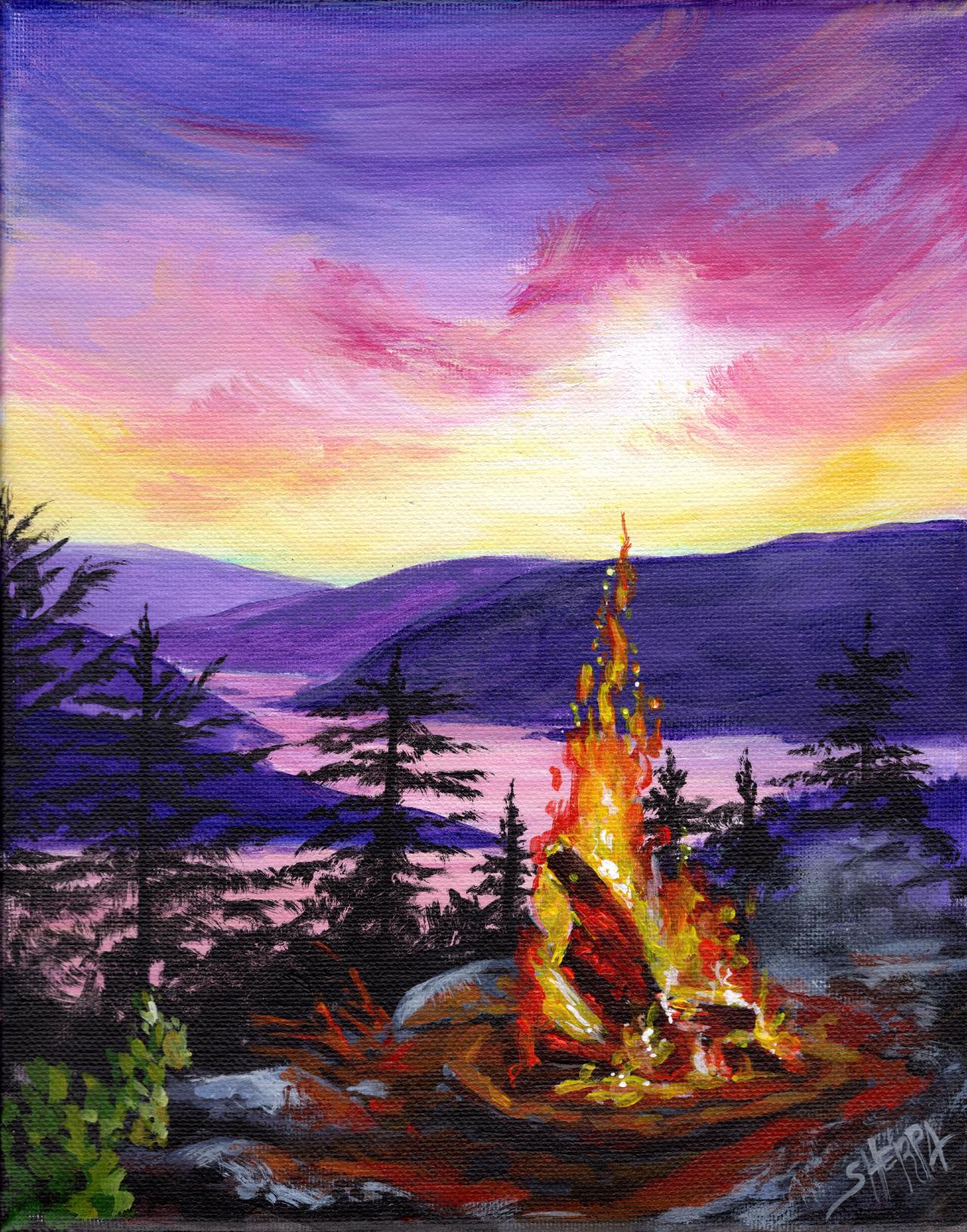 Campfire Art Sunset Original Signed Acrylic Painting By The Art