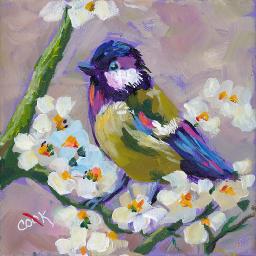 #8 Bird Hop 8x8 Print. Little Bird on Blossoms by Ginger Cook