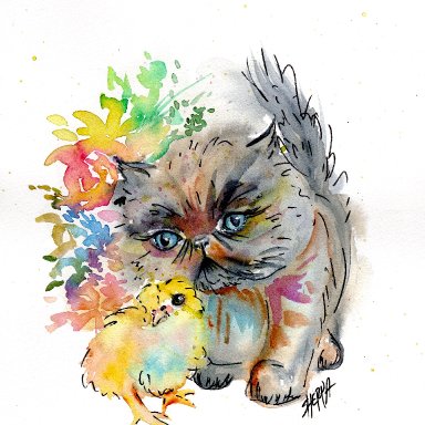 Sherpa Stash Sale - Adorable Kitten and Chick watercolor painting