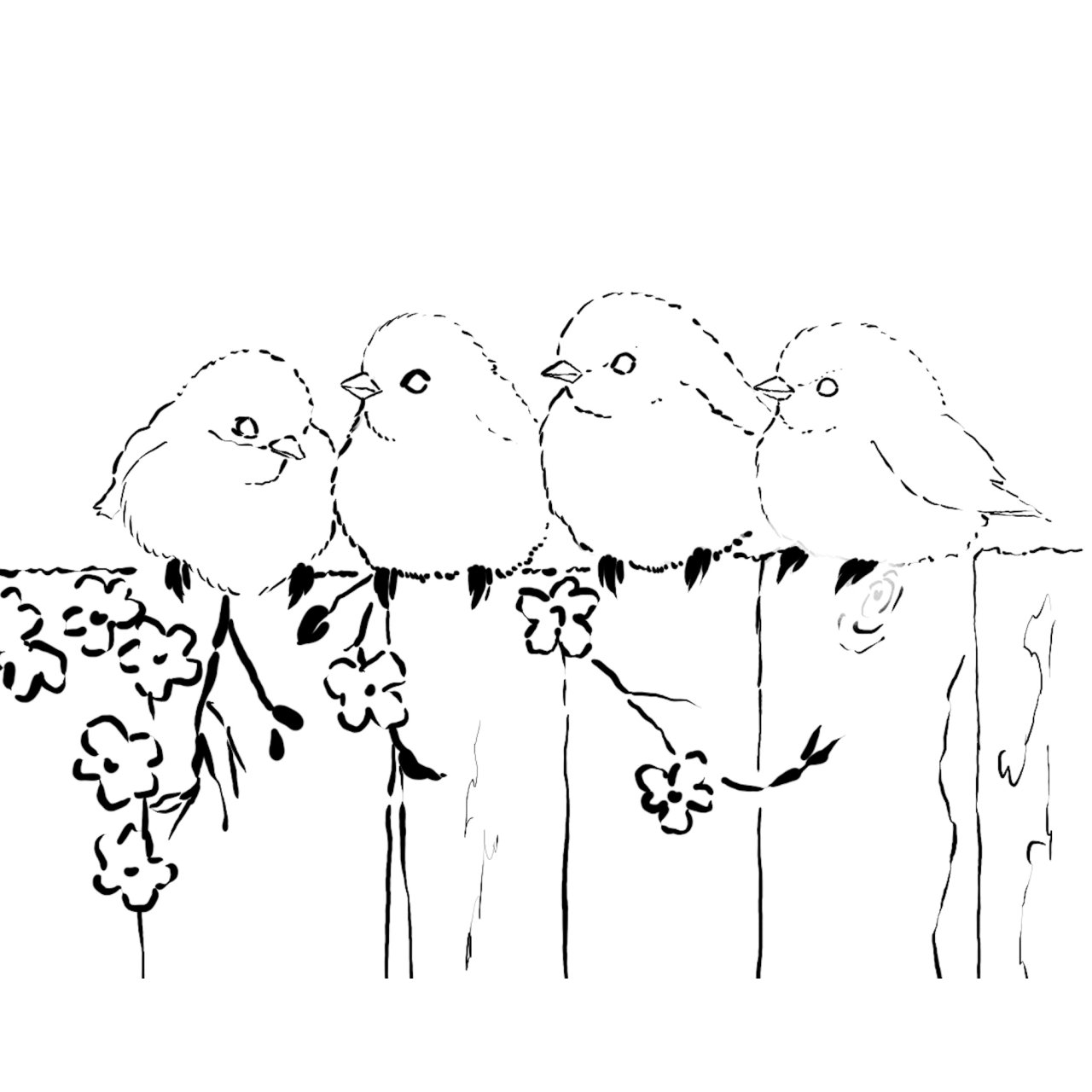 Fluffy birds on a fence 2023 