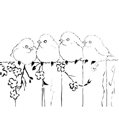 Fluffy birds on a fence 2023 