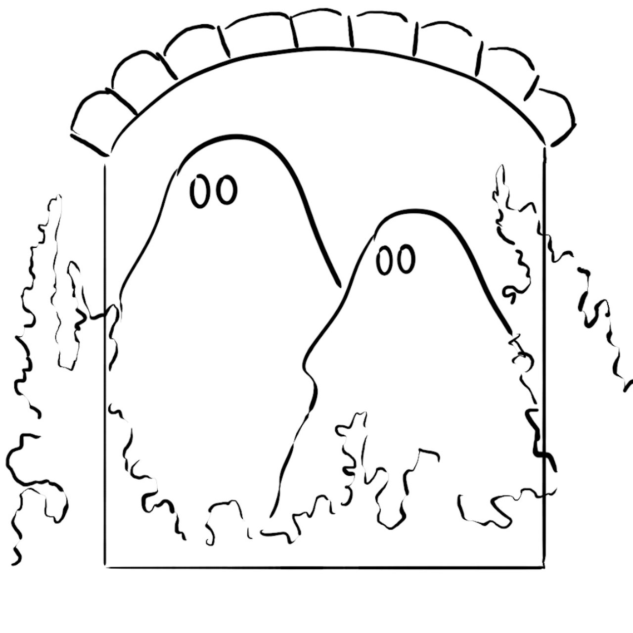Two ghosts in a garden window halloween 2023 