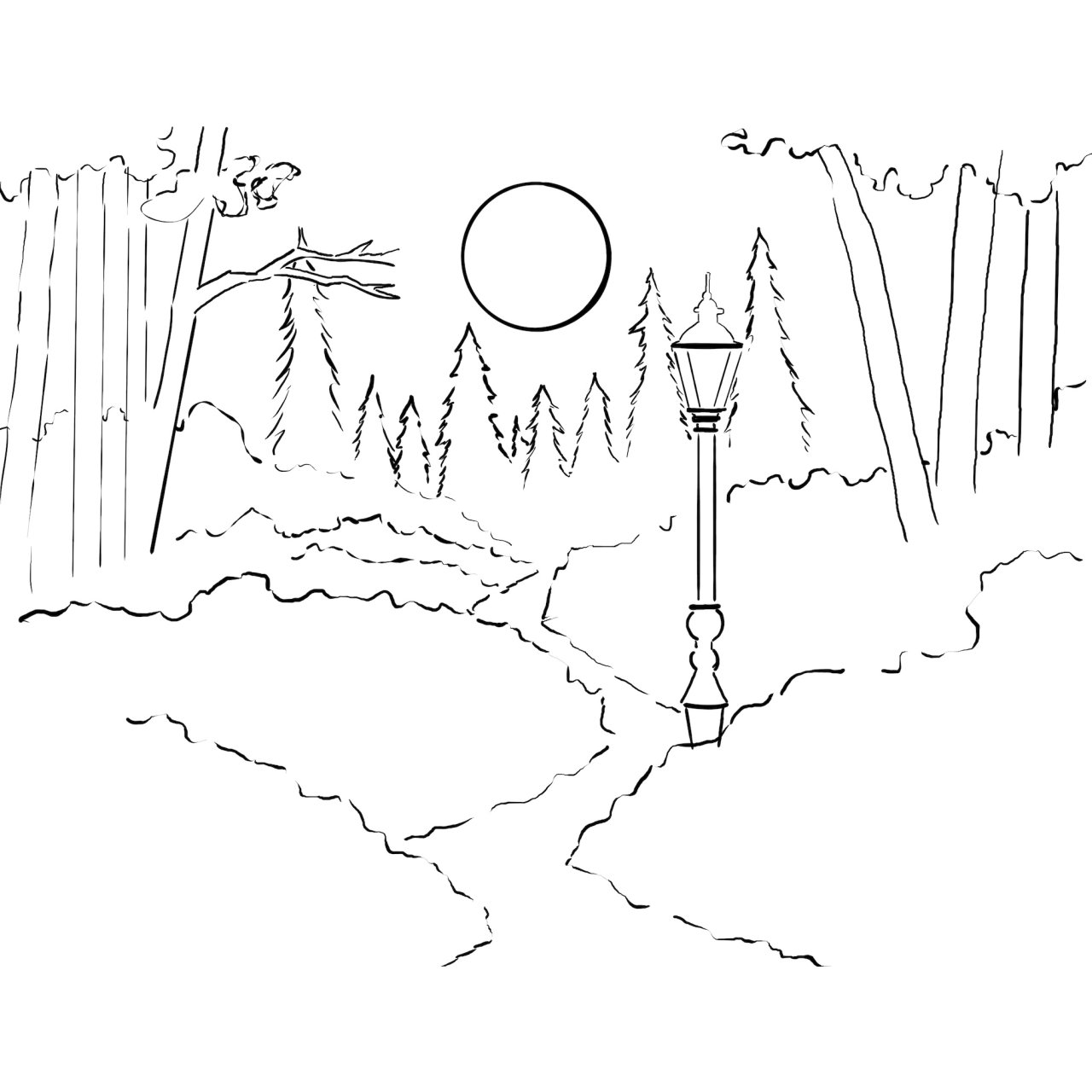 Night forest with street lamp light halloween 2024 