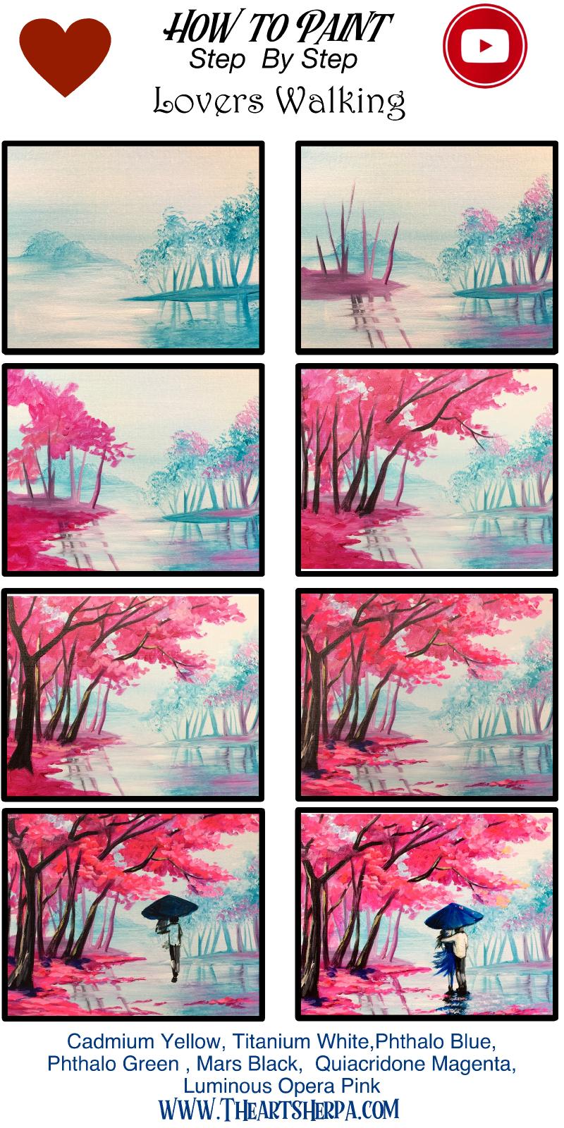 Lovers Walk Cherry Trees Easy Acrylic Painting Tutorial Step By Step   800