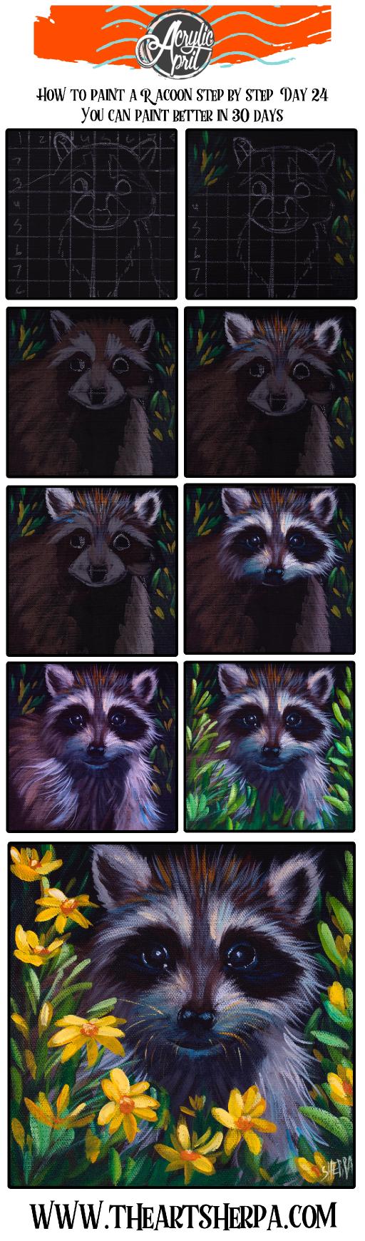 Raccoon In Flowers Easy Daily Painting Step By Step Acrylic