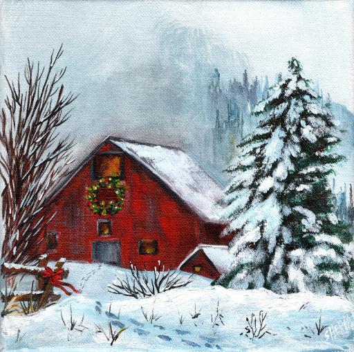 Red Winter Barn Landscape Acrylic Painting Tutorial Step By Step