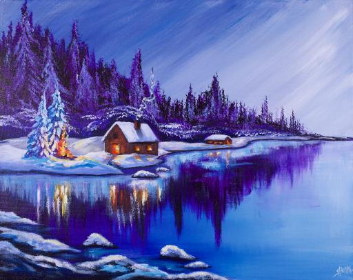 Winter Landscape With Glowing Lake Reflections Acrylic Painting