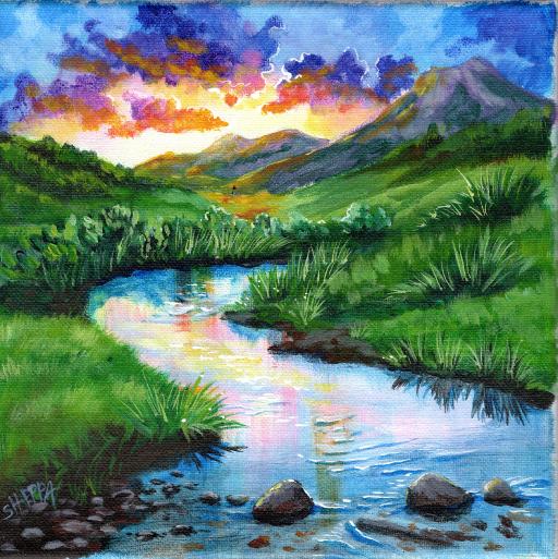 MOUNTAIN MEADOW STREAM Beginners Learn To Paint Acrylic Step By