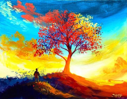 Easy Autumn Sunset Landscape With Fall Tree Acrylic Painting