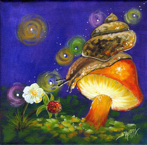 Snail and Mushroom 8x10 Whimsical Nature Photography Print of Snail on Red  and White Polka Dot Shrooms Titled snail Bravery. 