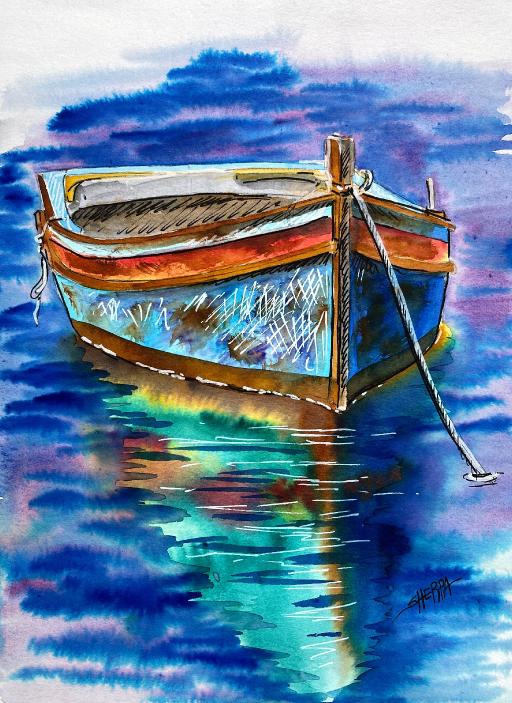 Easy How To Paint A Boat On Water Line And Wash Watercolor Step By